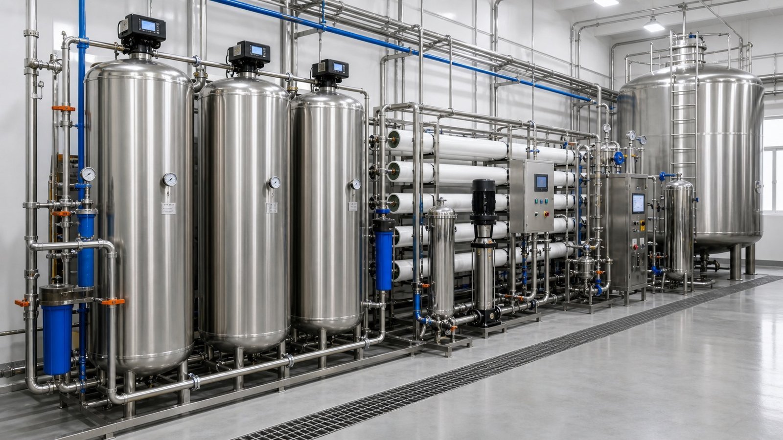 Stainless steel water treatment system for a beverage production project