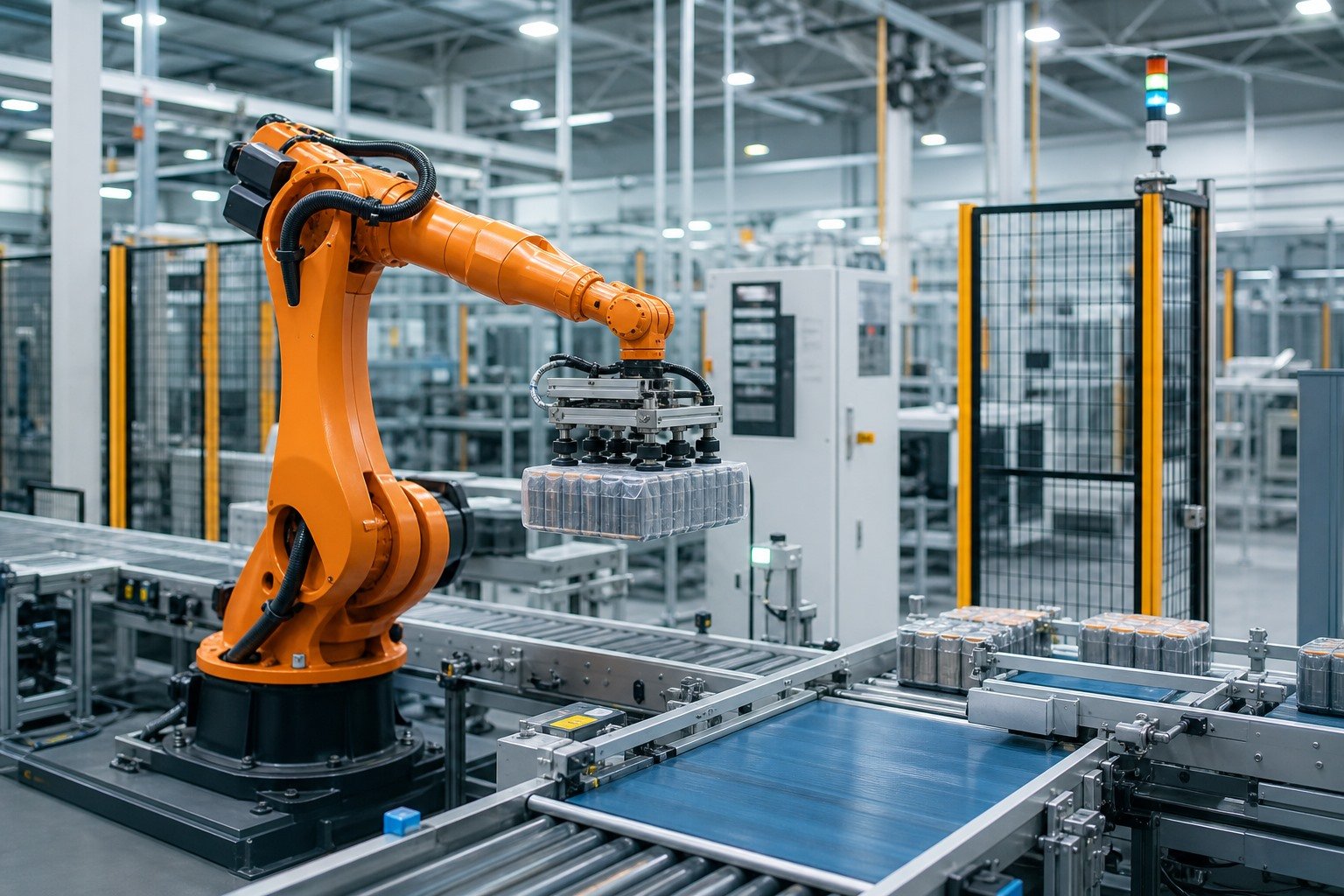 Industrial robotic arm handling packaged beverages on an automated line, illustrative automation sourcing support context for Allot Tech