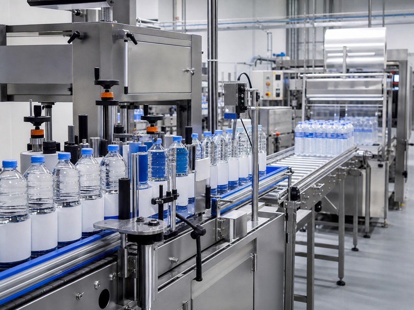 Close view of bottled water labeling line and conveyors, illustrative beverage machinery resource context for Allot Tech