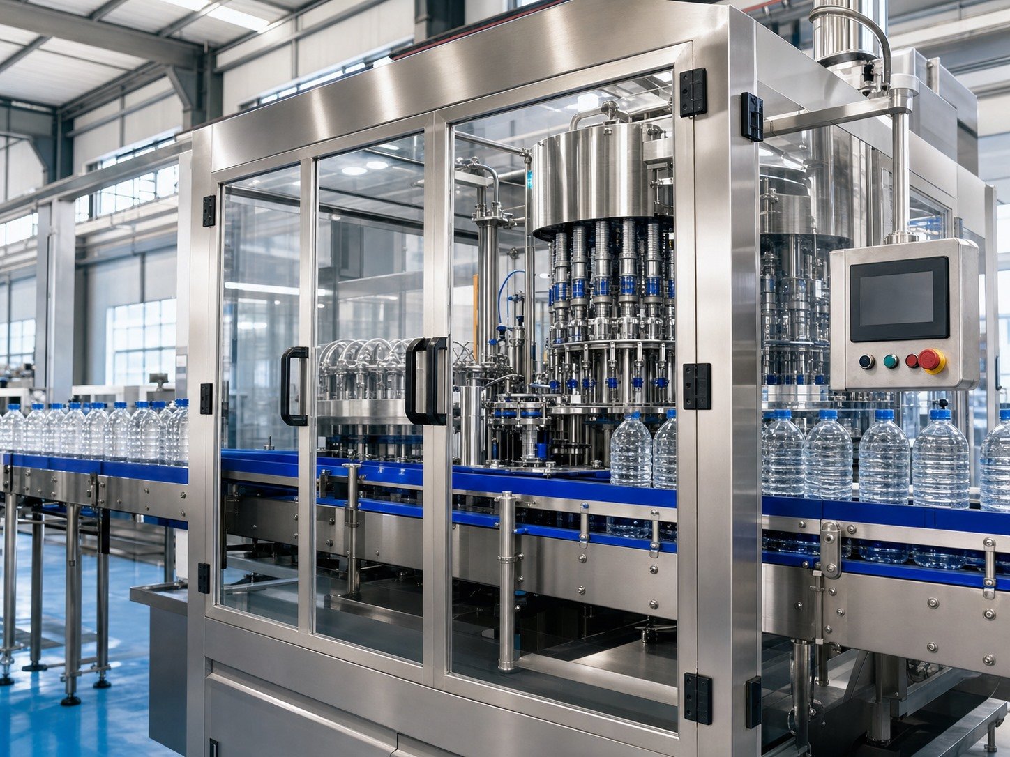 Bottled water shrink packaging line with packed bottles and conveyor, illustrative packaging resource context for Allot Tech