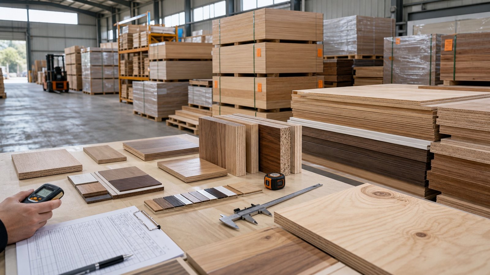 Wood board and timber material review with caliper and moisture meter, illustrative wood sourcing support context for Allot Tech